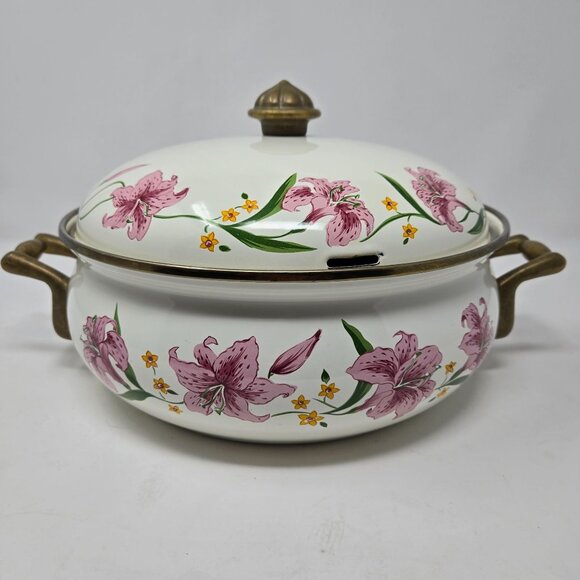 Vintage Normandy Taiwan Lily Floral Enamelware Casserole Dish With Lid & Brass H - Picture 2 of 12